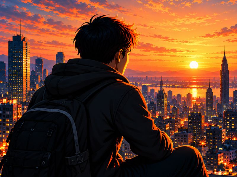 Illustration of Jo The El seen from behind, looking out over a city at sunset